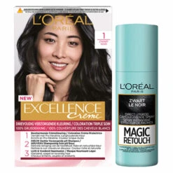 L'Oreal Lu0027Oréal Excellence Creme 1 Zwart + Magic Retouch Uitgroeispray Zwart 75 Ml Pakket