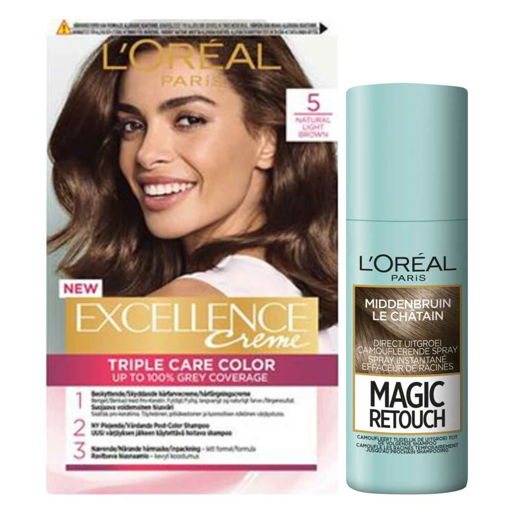 L'Oreal Lu0027Oréal Excellence Creme 5 Lichtbruin + Magic Retouch Uitgroeispray Middenbruin 75 Ml Pakket 3 L'Oreal Lu0027Oréal Excellence Creme 5 Lichtbruin + Magic Retouch Uitgroeispray Middenbruin 75 Ml Pakket