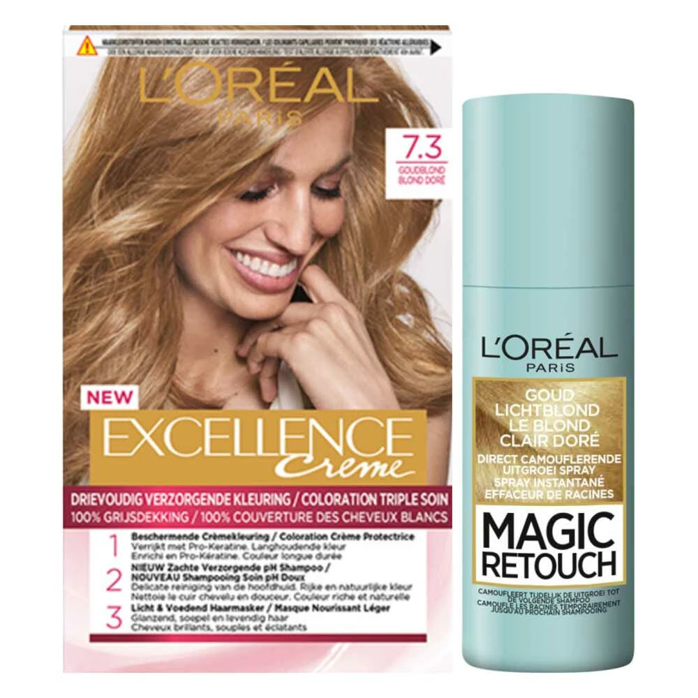 L'Oreal Lu0027Oréal Excellence Creme Haarverf 7.3 Goudblond + Magic Retouch Uitgroeispray Blond 75 Ml Pakket 3 L'Oreal Lu0027Oréal Excellence Creme Haarverf 7.3 Goudblond + Magic Retouch Uitgroeispray Blond 75 Ml Pakket